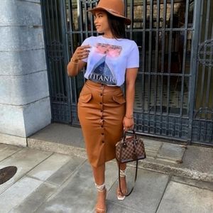 H&M brown faux leather button down midi skirt